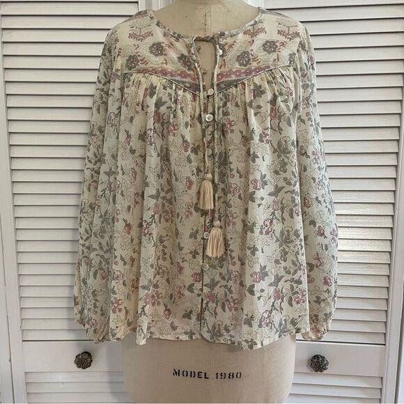 Cleobella 100% Cotton Cream/Gray/Pink Floral Print Peasant Top Sz-S - Picture 3 of 10